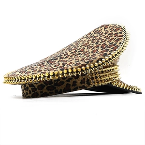 Punk style leopard print military hat with golden metallic cone spikes for cosplay stage