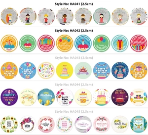 Detailed sheet of 2.5cm round Happy Birthday and festival stickers in various styles