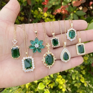 Emerald Green Zircon Pendant Necklace Copper Stainless Steel Gold Plated Luxury Geometric Floral Jewelry For Women