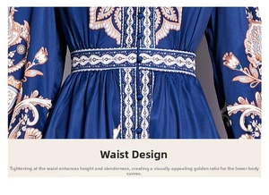 Close-up of vintage waistline details with fabric-covered buttons on a printed dress