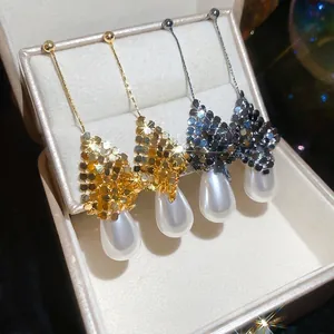 French Vintage Long Drop Earrings With 18K Gold Plated Mesh And Waterdrop Imitation Artificial Pearl 925 Sterling Silver Earring Post