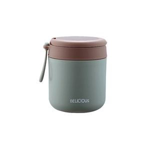 Portable stainless steel insulated soup cup in pink and green with handle and delicious print