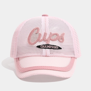 Detail view of pink breathable mesh baseball cap with embroidered Cups and Champions text