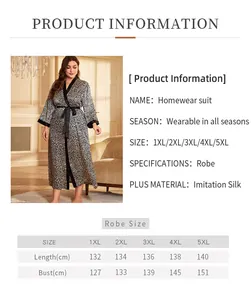 Detailed size guide table for plus size leopard print imitation silk long bathrobe