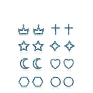 Set of 8 S925 sterling silver stud earrings with turquoise zircon in various shapes