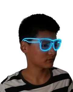 Detailed view of LED light-up glasses with blue glow effect on transparent frame