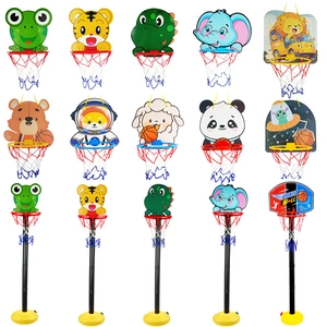 Adjustable kids basketball hoop set with various cute animal-themed backboards for indoor play