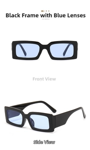Front and side view of black wide-frame rectangle sunglasses with light blue lenses