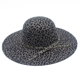 Elegant wide brim wool fedora hat with classic grey and black leopard print pattern