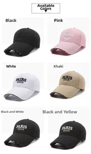 Detail view of cotton baseball caps in six colors with high-quality 3D letter embroidery