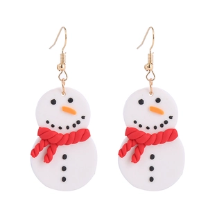 Detail of Christmas snowman drop earrings with red scarves and festive resin texture