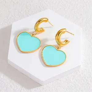 Elegant gold titanium steel heart drop earrings with tiffany blue enamel finish