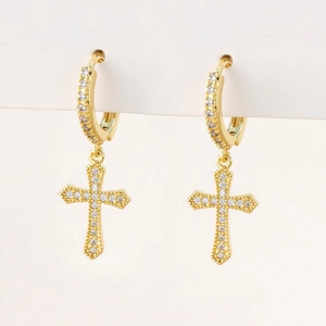 Luxurious gold cross hoop earrings with sparkling micro-pave cubic zirconia crystals