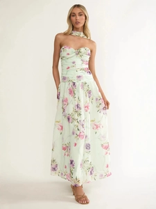 Floral print sleeveless maxi dress with ruffles and matching neck scarf for women