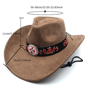 Brown faux suede western cowboy hat with concho detail and product dimension specifications