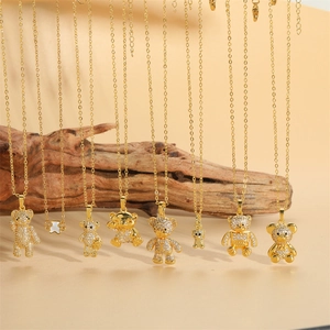 Cute Bear Pendant Necklace 14K Gold Plated Copper Zircon Animal Choker Trendy Jewelry For Women