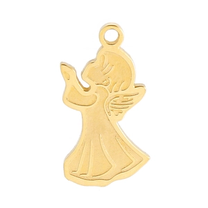 Detailed view of a gold angel pendant with intricate wings for necklaces and jewelry making