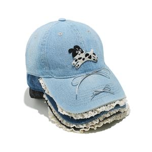 Casquette en jean Y2K avec broderie chiot et bordure en dentelle en trois couleurs chic