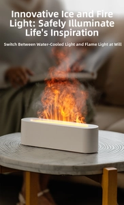 Macro detail of the 3D flame humidifier showing cool blue and warm orange LED light modes