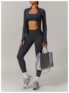 Deep grey seamless yoga set with stand collar jacket, sports bra and leggings