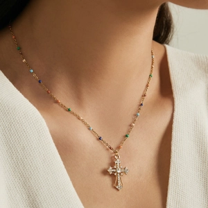 Minimalist Stainless Steel Colorful Bead Chain Cross Pendant Necklace For Women Zirconia Inlaid Fashion Jewelry Gift
