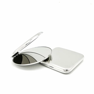 Polished stainless steel portable makeup mirrors in round open and square closed styles