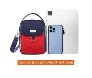 Size comparison of navy and red nylon crossbody bag with iPad Pro and smartphone