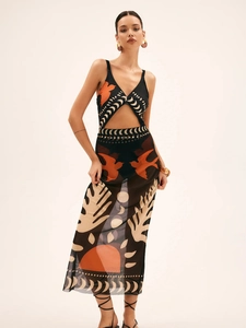 Vintage Print Mesh Maxi Dress V Neck Sleeveless Cut Out High Waist Beach Vacation Long Sundress For Women