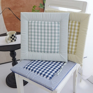 Chinese style linen patchwork chair cushions with ties in blue, green, and yellow colors