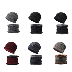 Winter knitted hat and neck warmer set with fleece lining in six different colors