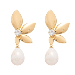 Elegant gold flower leaf earrings with drop pearls and sparkling zircon accents