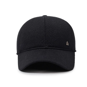 Men's winter black baseball cap with fleece ear flaps and textured wool fabric