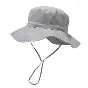 Detail of gray kids sun hat showing reinforced stitching and adjustable windproof rope