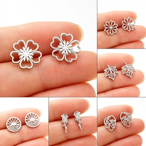 Hollow Flower Maple Leaf Rose Monstera Stainless Steel Stud Earrings Fashion Jewelry For Women Valentine Day Gift