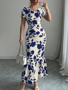 Damen Sommer langes figurbetontes Kleid mit Blumenmuster und Fischschwanzsaum