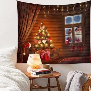 Detail of Christmas tree tapestry with Santa Claus and gift boxes in a cozy bedroom setting