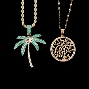 Tree Of Life Coconut Tree Pendant Necklace Copper Gold Plated Green Colorful Cubic Zirconia Hip Hop Jewelry For Women Men