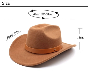 Detailed size guide for the brown wool fedora hat showing 57-58cm circumference