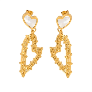 French style gold-plated heart earrings with woven texture and mother of pearl inlay