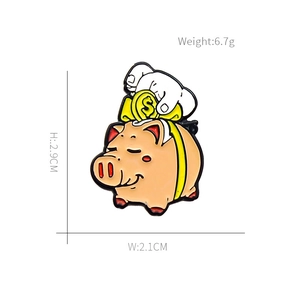Detailed view of pink piggy bank enamel pin with size specs at 2.9CM by 2.1CM