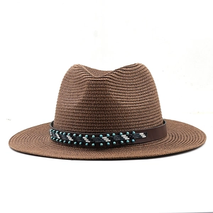 Women's summer straw fedora hat with brown woven texture and bohemian beaded band