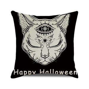 Halloween pillow cover featuring a retro three-eyed cat illustration and Happy Halloween text