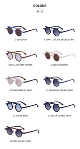 Detail view of model 98105 hip hop round sunglasses in nine varied color options