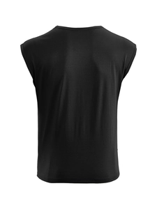 Rear view of black sleeveless T-shirt showing detailed fabric texture and crew neck design