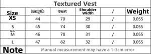 Size chart for sleeveless pleated textured top showing measurements in centimeters