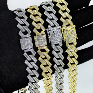Hip Hop Cuban Link Necklace Iced Out Full Rhinestone Zinc Alloy Rhombus Clasp Chain Gold Silver Color Men Women