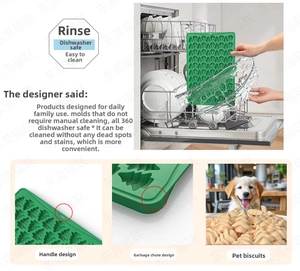 Close-up of dishwasher-safe green silicone pet treat mold with handle and bone patterns