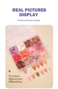 Detail view of 12-color solid nail tips box with 360pcs almond shaped press-on nails