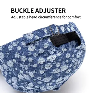 Adjustable blue denim baseball cap with floral print and metal buckle closure