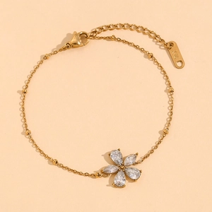 Blumen Zirkon Armband 18K Vergoldeter Edelstahl Verstellbare Perlenkette Eleganter Schmuck Für Damen